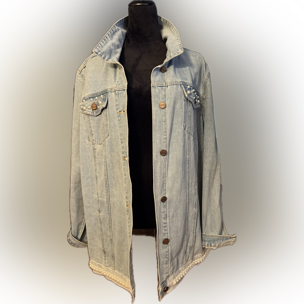 Light Blue Denim Jacket, pearl trim & accents with distressed sleeves  size XL